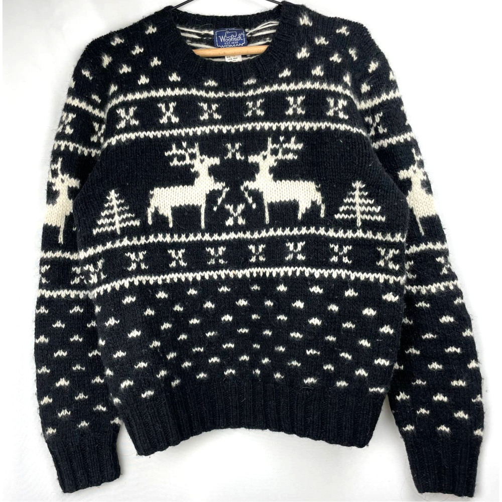 Woolrich Womens Wool Sweater Navy Blue White Deer Fair Isle Ski Christmas Size S